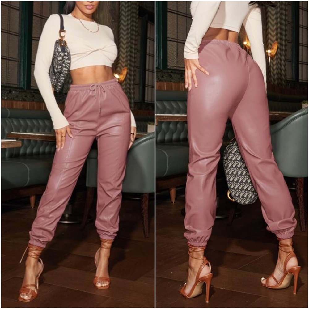 Camel Tan Vegan leather Jogger Lounge Pants Shabby Chic - Picture 5 of 7